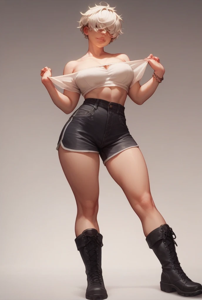 (blank background), (((full body framing))), standing, (masterpiece), (best quality), huge girl, (muscular girl:0.8), (thin hair:1.7), (long blue jeans), massive breast, Mohawk hairstyle:1.4, sport bra, pink hair, dark skin, belt under navel, blunt bangs, sneakers, (long legs:1.6), big cleavage, cute:1.8, adorable:1.8, 15 years old, leather jacket,, cyberpunk girl, ear piercings, earrings, tatoo, (very curvy:1.6), (from behind), 1girl, solo