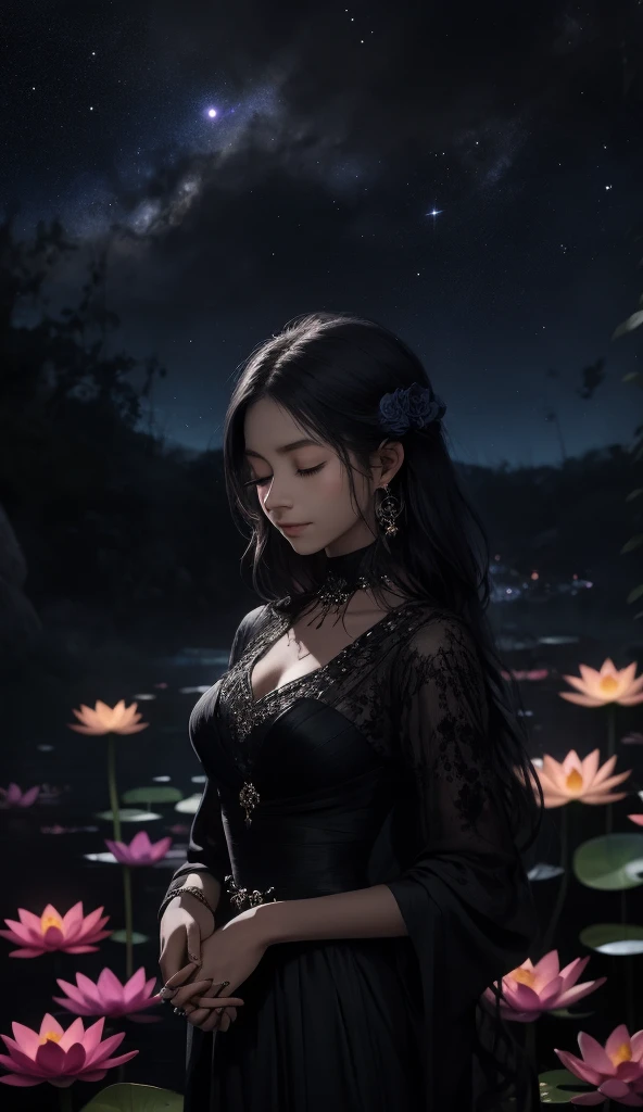 original, (masterpiece), (illustration), (Very good and beautiful), (Perfect details), (единство CG 8K обои:1.05), (nice and clear background:1.25), (depth of field:0.7),1 girl,Huānyǐng yǐ , (zhàn zài hé biān:1.15).(Hair fluttering in the wind:1.1),bǎbié fēi zài wéiróu, (Moonlight:0.6), tree, (summer), (night:1.2), (Close-up:0.35), (gloves:0.8), One ,