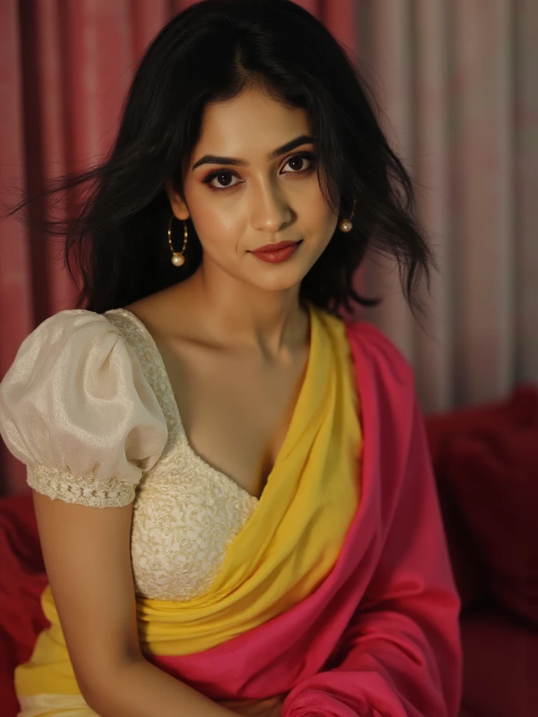 south asian facial features. girl. Should look very beautiful. pretty. Highly detailed and hyper realistic. The skin texture should be highly detailed and extremely accurate. thick black hair and brown eyes. Face must be accurate. Highly detailed face and facial features. Extremely accurate representation of face and facial features. Face should be highly detailed and hyper realistic