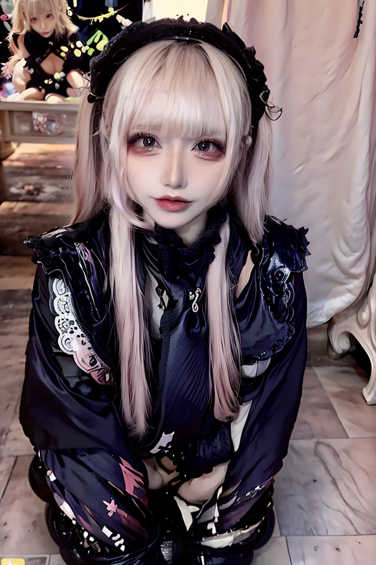 From above、Best Quality, masutepiece, photo of an actress, Beautiful, Model, 20 years old, Watching the viewer、Background white、from behind、From above、Nike、Piercing Woman、piercings、A smile、colourful hair,Black shorts、Blunt bangs、(a black skirt)、1girl in,Solo,Flashy hair、Photorealsitic, hight resolution, 1 rapariga, A dark-haired、Akame, Korea person, Cowboy Shot、Gothic, Blue air feeling:1.5