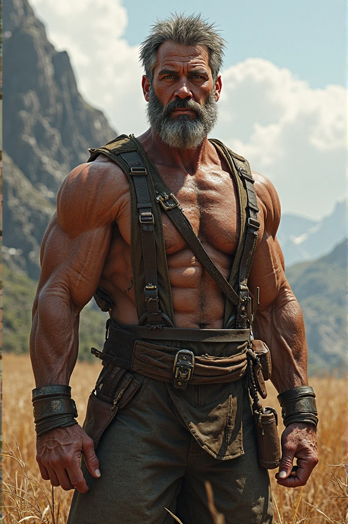 (Mel Gibson) as Shujinko from Mortal Kombat, white loose-fitting martial arts uniform, black belt, lush gray hair, ponytail, long thick gray beard, wooden staff, 1man, solo, full body view, front view, looking at viewer, intricate, high detail, sharp focus, dramatic, photorealistic painting art by greg rutkowski