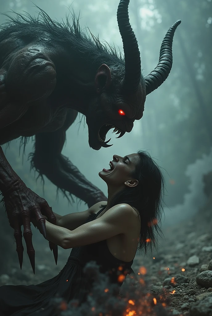 a possessed monster girl screaming towards the camera,1girl,demon,horns,fangs,glowing eyes,wild hair,distorted face,open mouth,sharp teeth,dramatic lighting,dark atmosphere,moody colors,digital art,fantasy,concept art,cinematic,unreal engine,highly detailed,octane render,photorealistic,8k