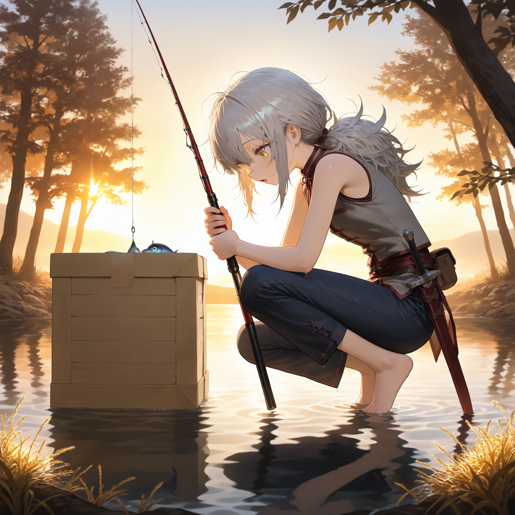 (masterpiece:1.2, Best Quality), (finely detailed beautiful eye: 1.2), (beautiful detailed face), solo, from side, crouching, looking down, standing, sunhat, holding fishing pole, weathered box, ornate box, fished up box, open box, beam of light coming from box, open mouth, focus on box, close up, messy hair, yellow eyes, long hair, gray hair, low ponytail, light skin, yellow eyes, gray sleeveless vest with white frill trim,thin, light gray sleeveless shirt, dark blue trousers, thin legs, thin thighs, dark red swordbelt, sword sheathe, sword pommel, standing in water, golden water, golden weeds, fishing, tree branches, shade, sunset,