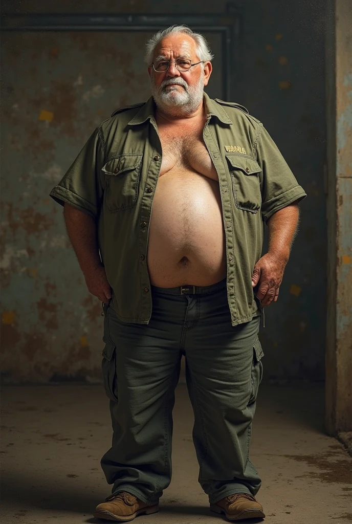 Pacho, gentleman between 45 and 60 years old, mechanic, tall, pot-bellied, hairy chest