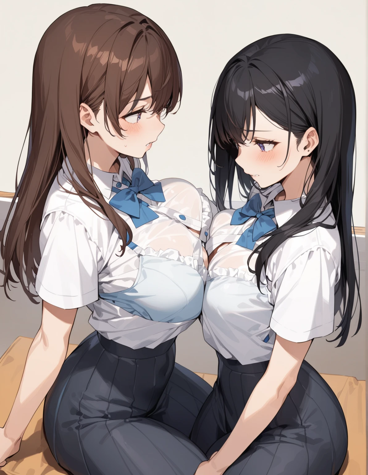 2girls, paizuri, 1boy,, pov, large breasts, penis between the breasts, breasts squeezed together, in the room, window, , wet , motion lines, beautiful , unbuttoned, paizuri underclothes, school uniform, classroom, beautiful girlfriend, and classmates, from below, assisted