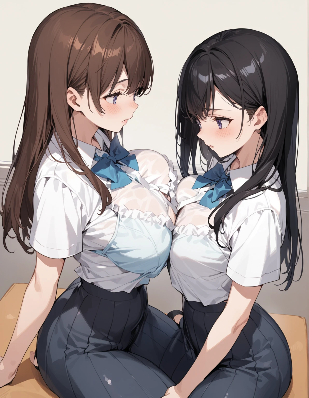 (masterpiece, Highest quality, Super detailed, Best Shadow), (Detailed Background), (Beautifully detailed face, Beautiful attention to detail), High Contrast, (Best lighting, Very delicate and beautiful), colorful, (Two Girls:1.2), Cute Girls, (hug, Symmetric docking, Breast Press:1.4), Squashed chest, (eye contact, Look at other people:1.5), Cowboy Shot, classroom, Long Hair, Black Hair, (Gym Wear, White shirt, Short sleeve, Blue shorts, Black knee socks:1.3), Large Breasts