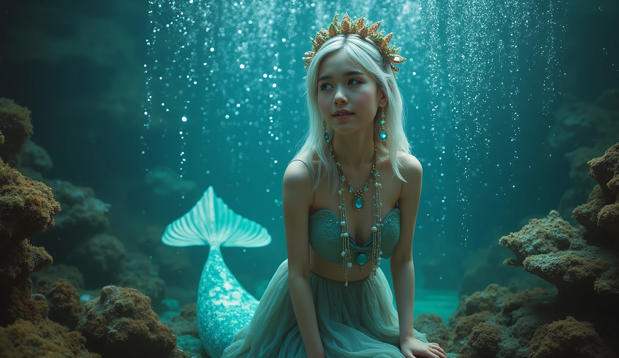 Cinematic Lighting, ultra high resolution, masterpiece, correct, Super Detailed, high detail, High Quality, Award winning, 最High Quality, 16 kg, detailed faces with ofisu, Realistic Textured Skin,  A fascinating, high-resolution fantasy scene 、 A bewitching mermaid that sinks underwater .,
 Wear Elegance ,  Surrounded by Darkness ,  Mermaids have beautiful eyes .,
 flows in a supernatural appearance ,  blue and green Iridescent particles shining in various hues .,
 She has pure white long hair , Wave Hair,  adorned with delicate pearls and seaweed ,  Move gracefully along with the flow of water ,  creating something like a dream .,
 wearing a necklace of seashells and sparkling gemstones , , (big :1.3), (accentuate cleavage:1.3), ((erect nipples)), slender body, (Abs), curvy body,  Her Earrings ,  Attracts You , Surrounded by darkness, smoky eyeshadow,  The deep sea environment is illuminated by gentle light .,
 magical light shines in from above .,
 She was wearing a crown of coral and jewels ,  Extraterrestrial Atmosphere  .,
 The mermaid's tail is graceful and powerful .,
 beautiful transparent fins 、 give it transcendental elegance .,
 The water that surrounds her is full of whirlpools and gentle currents .,
 Adding mystical charm to the scene ,  The vivid details of the accessory and 、 The rich textures of the underwater world add depth and realism.,
