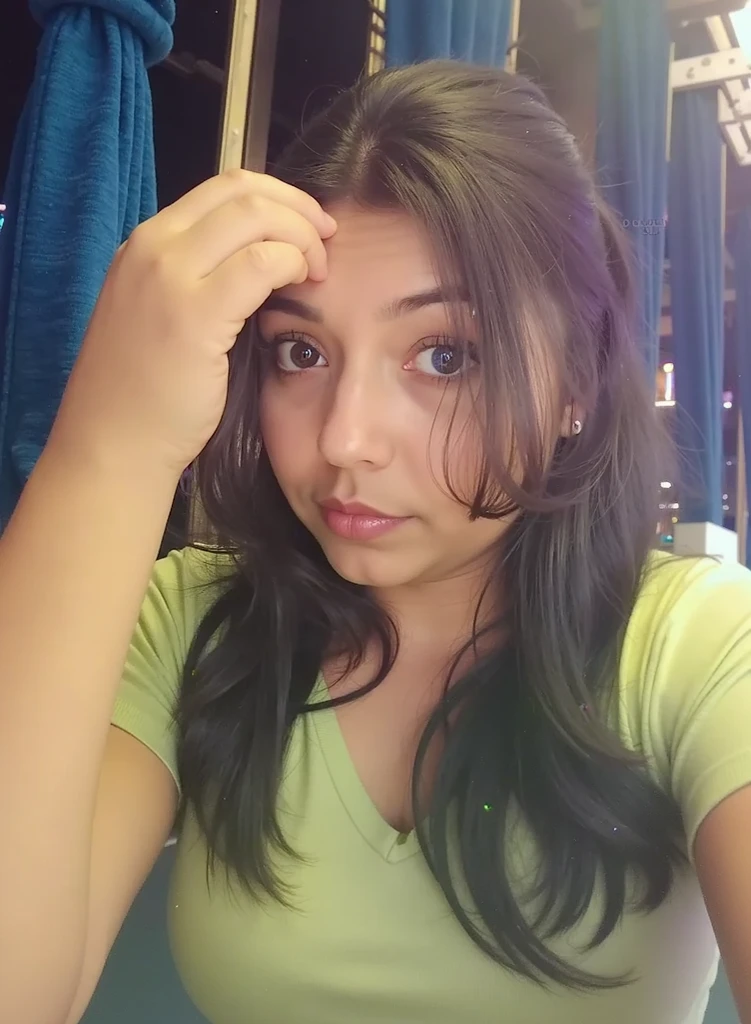 there is a woman with long black hair and a brown sweater, alani guillen, around 19 years, hermosa cara latina, taken in the late 2000s, se parece a laura barriales, taken in the mid 2000s, imagen de muy muy baja calidad, lorena avarez, foto frontal, con pelo negro