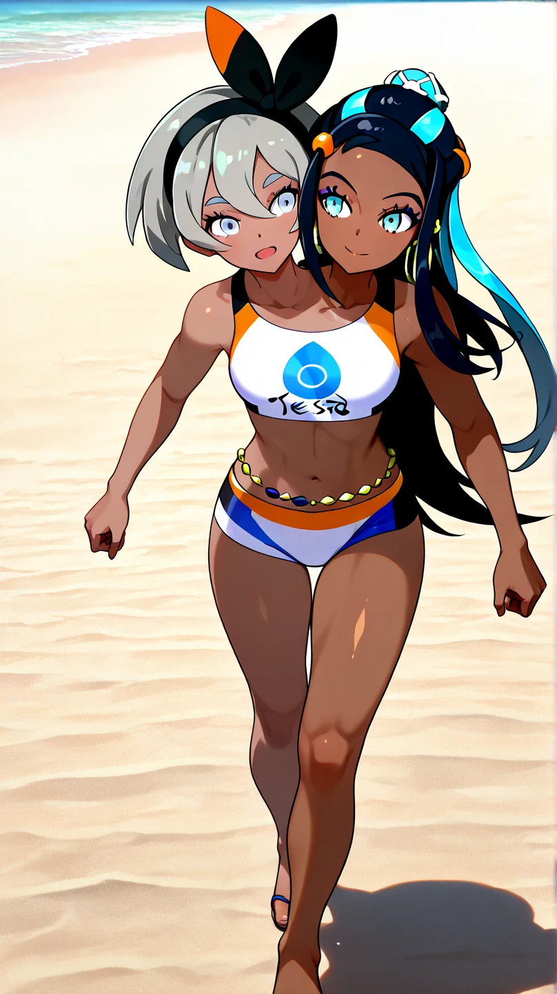 2 girls, elf, dark skinned with tanlines, topless, beach, small breasts, fat ass, bubble booty, pirate boots, covered in cum, covered in money, high quality resolution, very high quality, beautiful anime eyes, comparing asses