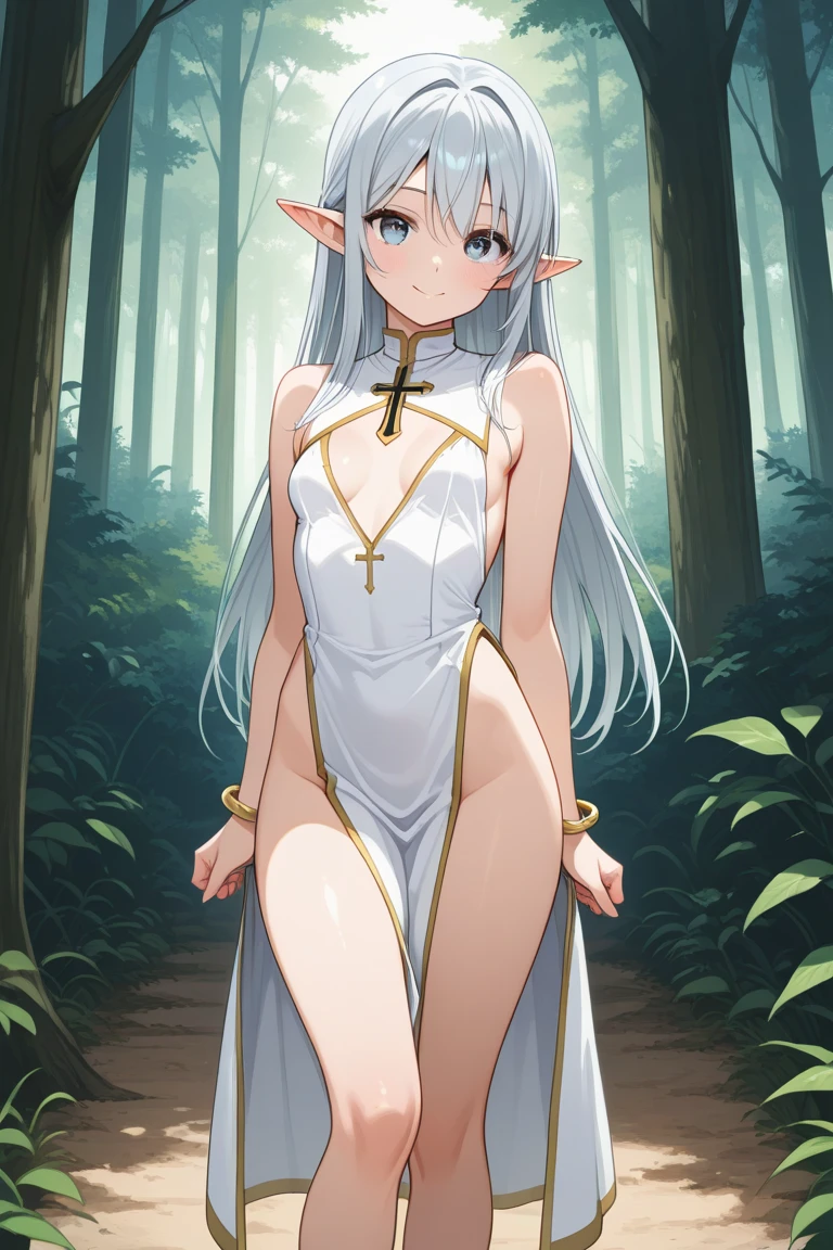 1 girl, determinados, tiara, bridal veil, necklase, neckleace, dress wedding, Strapless dress, white gown, whitegloves, elbow gloves, from low, Skirt Lift, white panties and sexy stockings, naked legs,, work of art, best qualityer, highy detailed, Beatriz Amerhauser, standing alone,Leprechaun, White hair, ashen hair,clavicle,ngs,pointy ears,long hair,hypdertailed,greeneyes,twintails,parted bangs,thick eyebrows,breasts small