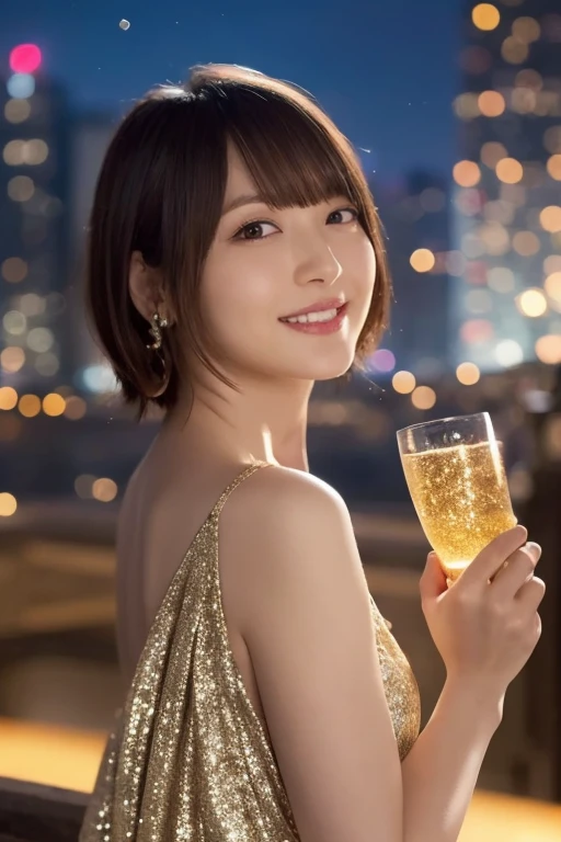 Best-Quality, Masterpiece, Ultra-High-Resolution, (Photorealistic:1.4), Raw-Photo, Extremely-Details, Perfect-Anatomy, 1girl, 18-years-old, the most famous Japanese actress, in gorgeous hotel suite, wearing only glitzy evening dress, ((very completely drunk, looking at viewer with drunken eyes, drinking Whisky, grinning)), extremely cute face like the most popular Japanese actress, extremely beautiful big black solid circle eyes, extremely beautiful black short-cut-haired, extremely beautiful realistic skins, extremely beautiful shoulder, extremely beautiful small breasts, extremely beautiful perfect body, detailed face, detailed eyes, detailed hair, detailed realistic skins, detailed shoulder, detailed breasts, detailed perfect body, detailed glitzy evening dress
