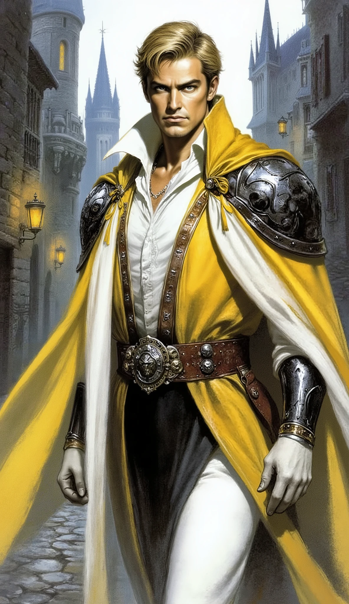 Mature middle-aged man, short choppy golden hair, profound deep-set eyes, chiseled facial features, solemn expression. Clothed in elaborate fantasy noble attire: a luxurious yellow and white layered silk tunic, an elegant silk ribbon cape cascading around his shoulders, diminutive polished metal pauldrons, fine cloth gloves. A leather belt with intricate metal gear embellishments cinches his waist, connecting to a dark, flowing lower garment over white tailored cloth trousers. Wandering through a breathtakingly detailed medieval fantasy city, cobblestone pathways, towering spires, magical ambiance. Art Style: Sophisticated mature comic art, intricate fantasy noble anime character design, masterpiece, hyper-detailed, cinematic lighting, professional digital painting, anatomically correct, five fingers per hand.