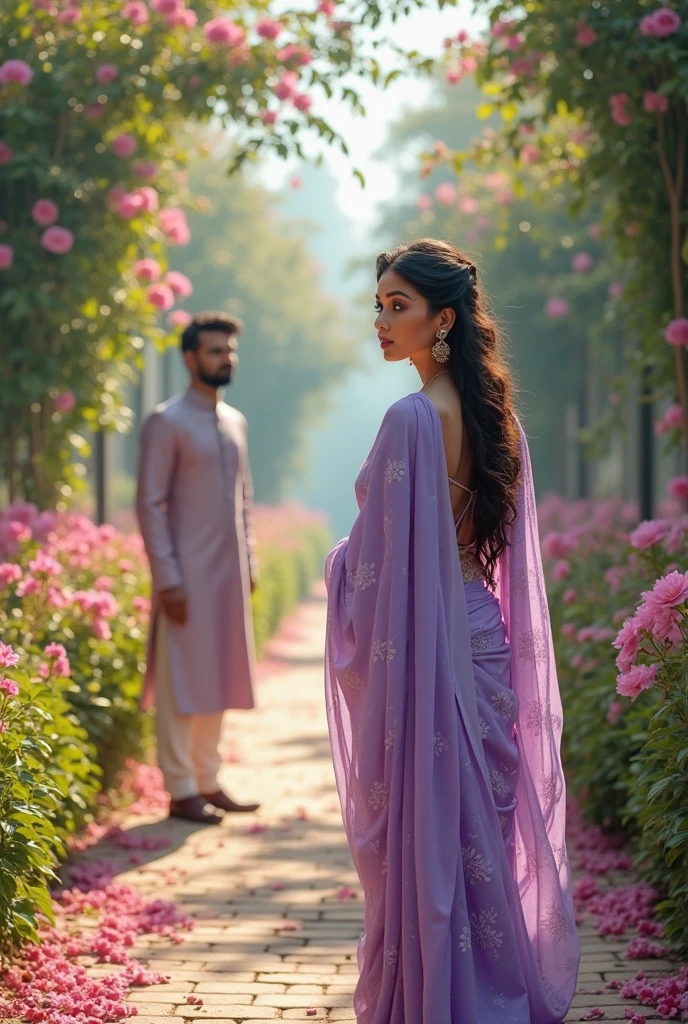 Sure! Here's an optimized prompt based on the given description:
"A seductive Indian girl, adorned with exquisite jewelry, wearing a light pink top and light purple raffle skirt . Showcasing her legs in a realistic and highly detailed manner, she poses alluringly in front of the camera. In garden.with muscular man. Man wear formal shirt. Both are hugging pose. Romentic poses