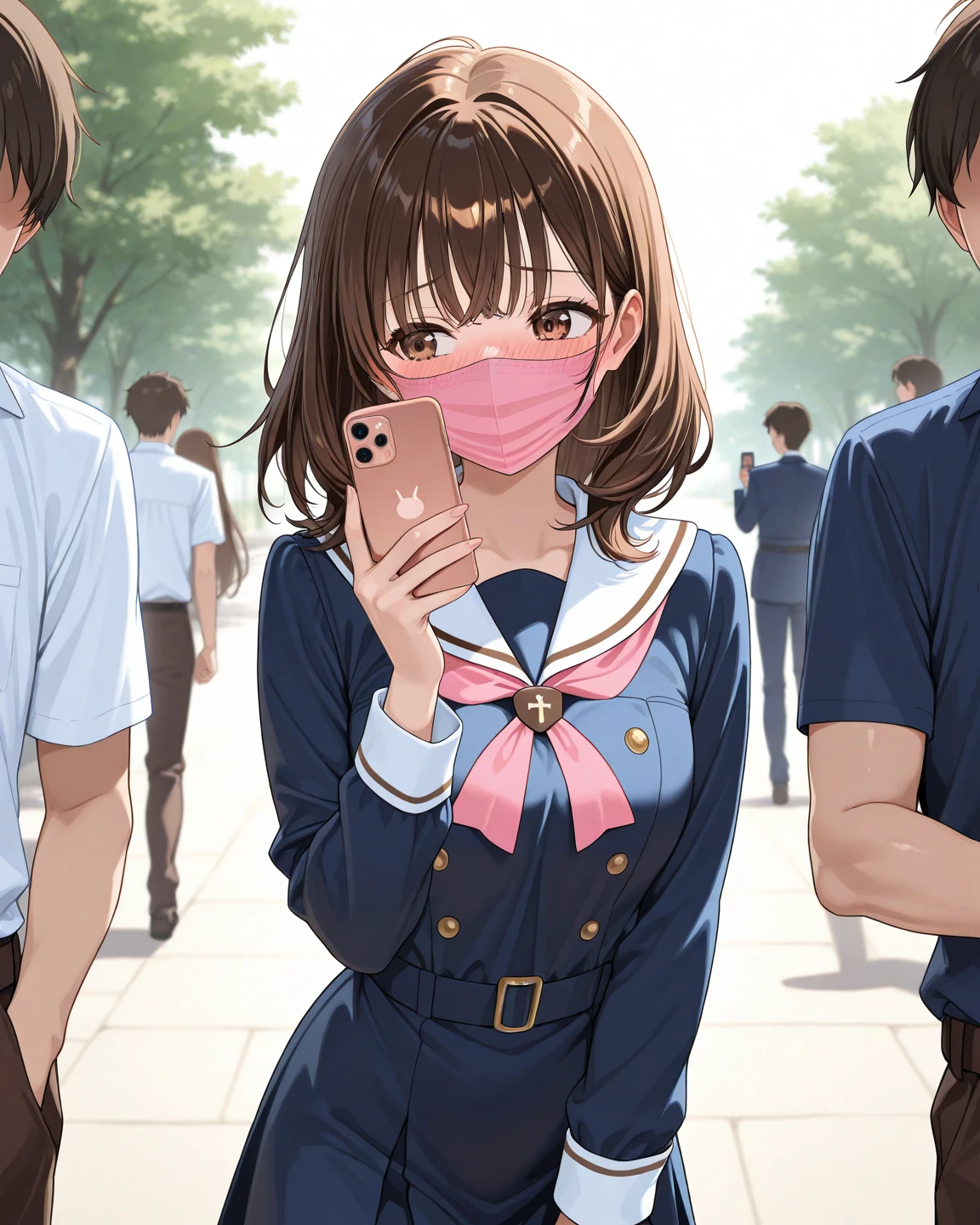 High school girls、、((Light blue wrinkle-free cloth mask))、White short-sleeved T-shirt、Blue distressed jeans、Japanese、Real、Long face、smile、ponytail、Shiny black hair、((beautiful girl))、Country girl、Small face、Inside the high school、((Realistic))
