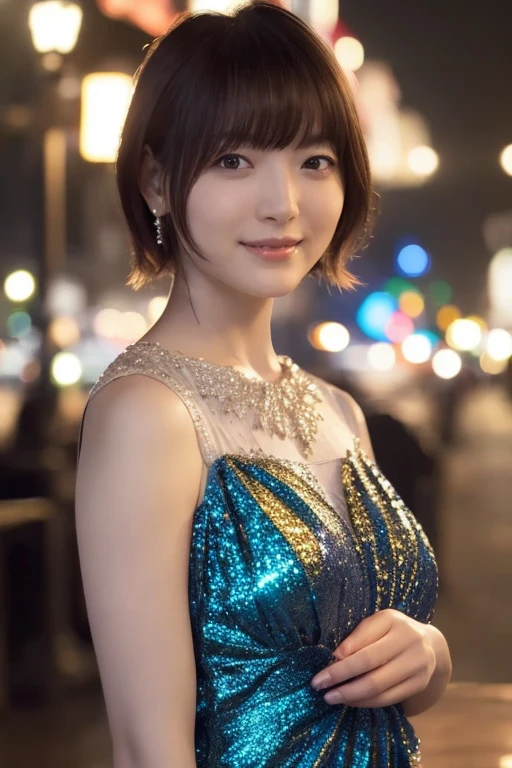 1 Girl, (Wearing a rainbow dress:1.2), (Supercluster), Very beautiful Japanese idol portraits, (RAW Photos, Highest quality), (Realistic, Realistic:1.4), (masterpiece), Very delicate and beautiful, Very detailed, 2k wallpaper, wonderful, finely, Very detailed CG Unity 8K wallpaper, Very detailed, High resolution, Soft Light, Beautiful detailed girl, Very detailed目と顔, Beautiful and sophisticated nose, Beautiful and beautiful eyes, Cinema Lighting, (Fashion magazine photography:1.3), (Outdoor), (night lighting), (Waterfront), (short hair), Complete Anatomy, Slender body, Small breasts, smile