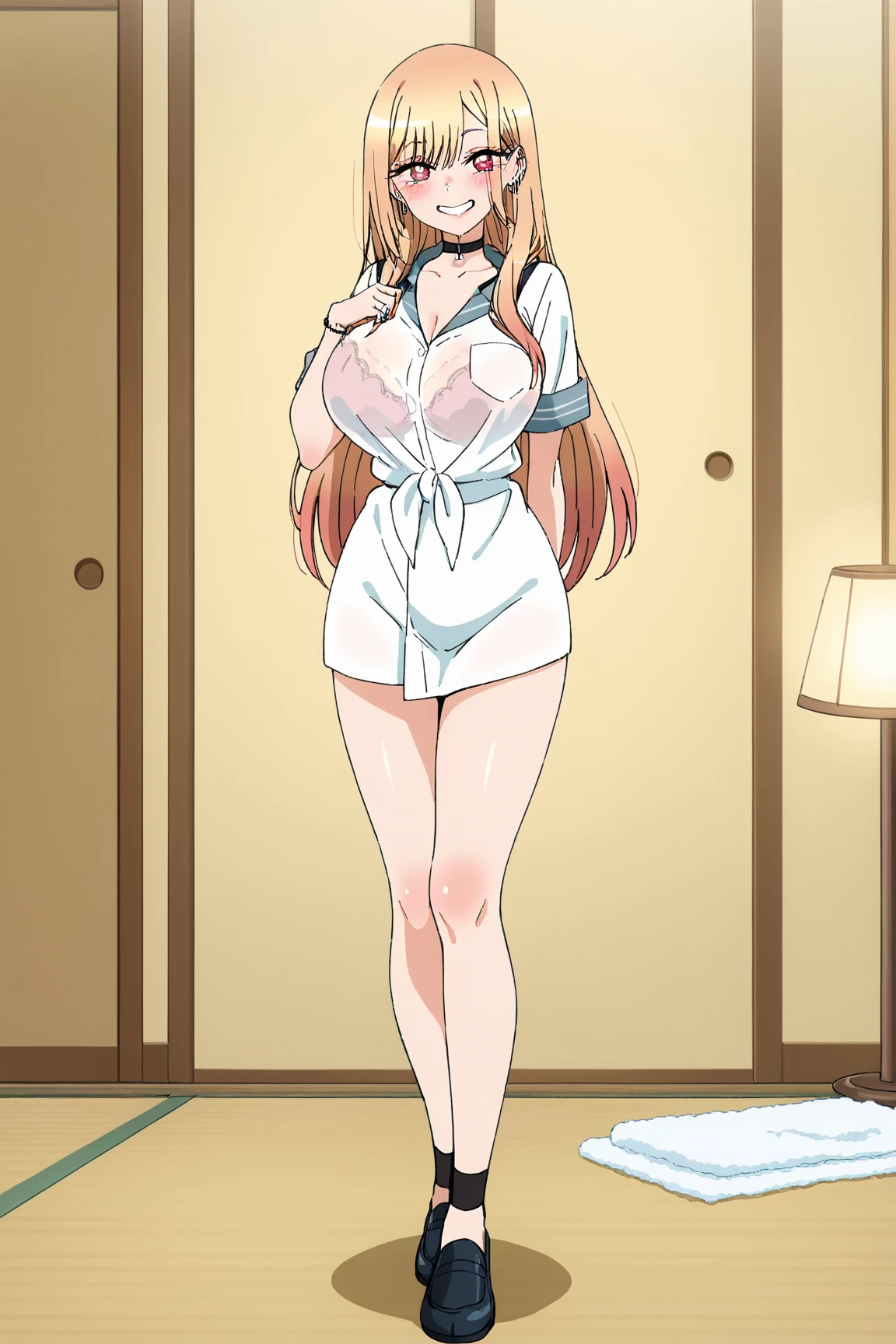 anime girl with horns and White and tight clothes show off her body shape, seductive anime girl, painted in anime painter studio, best anime 4k konachan wallpaper, attractive anime girl, anime art wallpaper 8 k, anime art wallpaper 4k, anime art wallpaper 4 k, 4k anime wallpaper, detailed digital anime art, 4 k manga wallpaper, smooth anime cg art, Orange eyes, yellow hair, Both legs were opened wide showing her Pubic.
