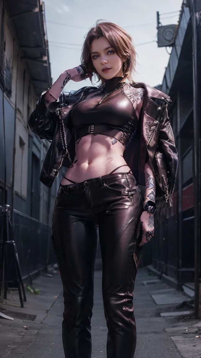 (masterpiece), (extremely intricate:1.3), (realistic), muscular bodybuilder girl, ((short undercut (([blonde hair:dark hair:0.2], [flat chest:large breasts:0.8], upper body, makeup:1.5, black leather jacket, leather pants, loose white t-shirt)), tattoo:1.2)), outdoors, intense sunlight, ((cyberpunk street)), professional photograph, sharp focus, dramatic, award winning, cinematic lighting, volumetrics dtx, (film grain, blurry background, blurry foreground, bokeh, depth of field, sunset, interaction), 8K