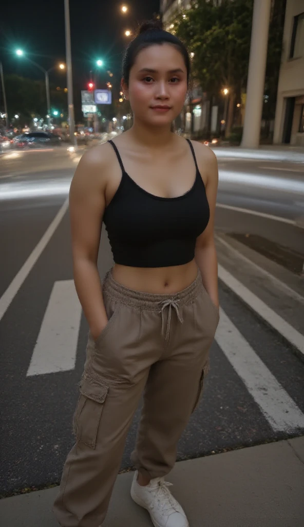 Realistic photo, in 8k,A bustling street with skyscrapers and illuminated signs..She is shopping.. 18-year-old Brazilian young woman, She is 5 feet 7 inches tall, She has a slender face, she has freckles, She has bob haircut, she has tanned skin, she has a 90E bra size, She has a slim waist, she has big buttocks, She is wearing a black skirt, a yellow t-shirt, and black sneakers. Detailed legs, barefoot, stockings, with shoes. We see her from the front. stricking pose