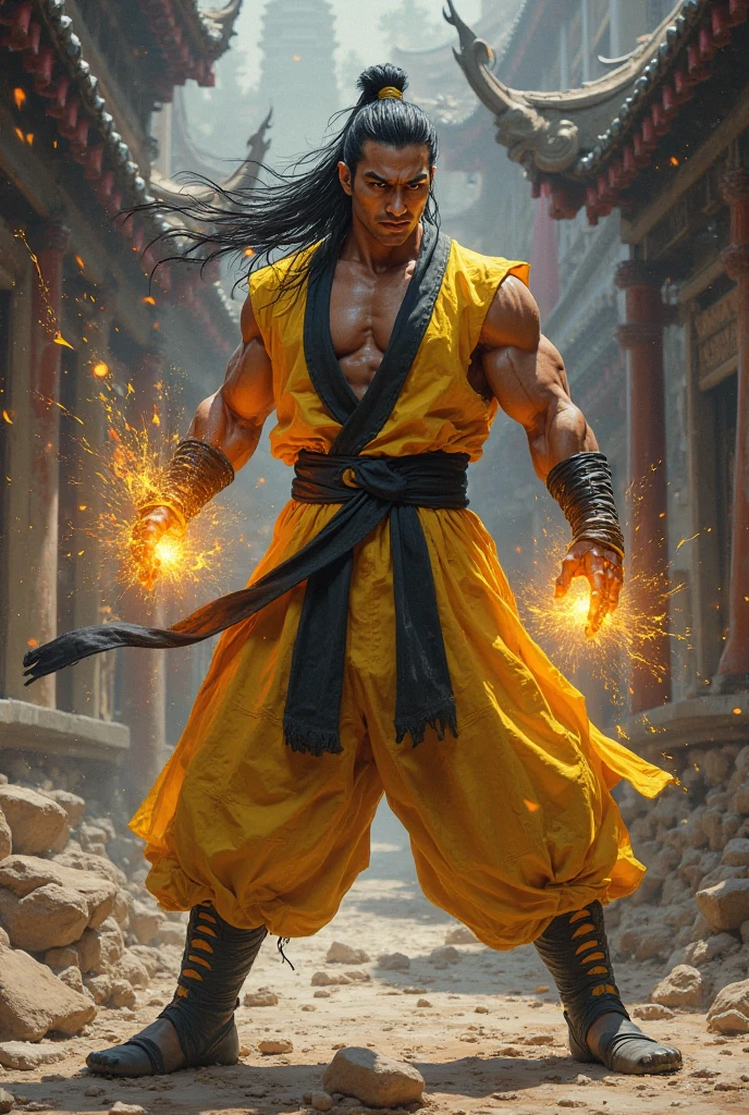 1man, shirtless, martial arts, yellow vigilante mask, white eye patterns with black outline , muscular, green costume, yellow belt and boots, burning fists, black dragon tatto shapes into a circle, mystical city background