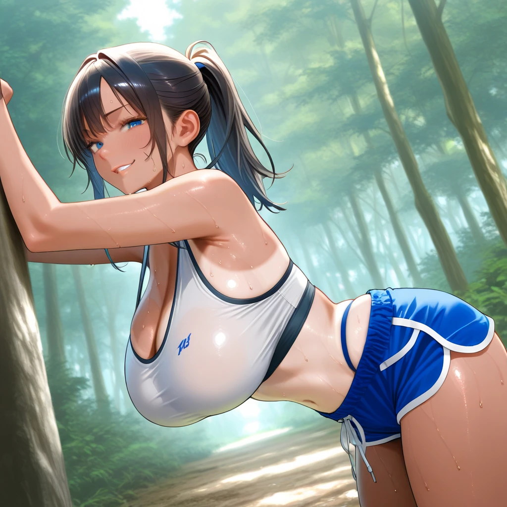 16K、masterpiece、High resolution、((18-year-old female))、Very large breasts、(((thin, A skin-tight white sports bra))、((白くthinスポーツレギンス))、Seductive look、((Put your hands on your hips))、Very close、Angle from below