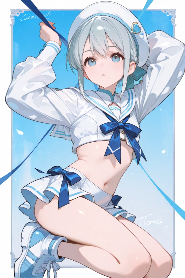 First place girl,The right bangs,short hair,Long straight blond hair,Bow,blue eyes,Tights,High fork coat,Gel coat,White top,White short sleeves,Bodysuit,Tights,detective,shawl,Waist,good body shape,hat,Fair skin,Smooth skin,Clear pupils,beauty,high quality,High-definition quality,Masterpiece,Perfect composition,Suitable color matching,(Correct facial features),(Beautifully carved face) ,Halo,gentle
