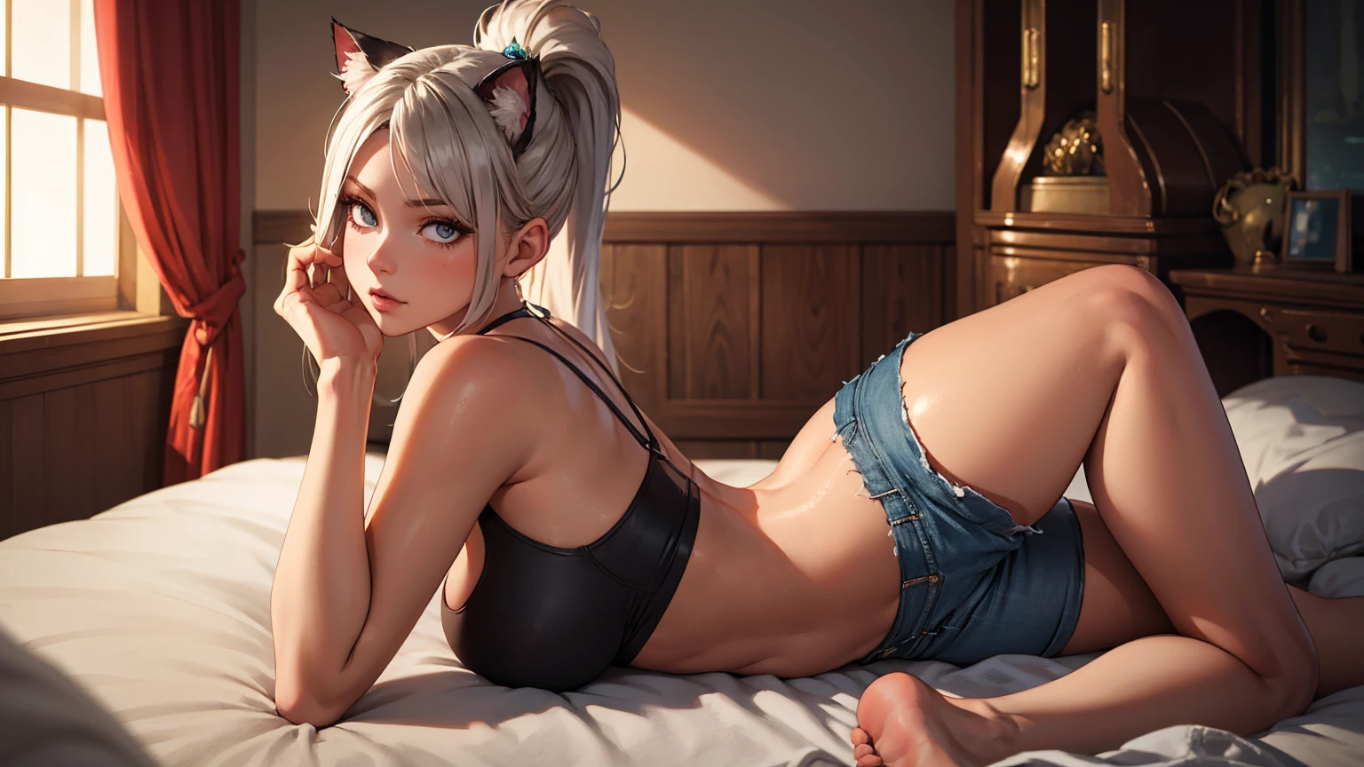 Create a high-quality image of a stunning 18-year-old wolf girl with tan skin. She has long silverish hair and captivating blue eyes, wearing a see-through tank top that shows her midriff barely covers her nipples and tight sleep shorts. She is sitting on the edge of her bed in a dimly lit, modern room with the window open, letting in a gentle night breeze. Her posture is alluring, with one leg bent up and the other stretched out, facing the camera seductively. The room is decorated with modern nerdy items, showcasing her love for video games and anime, including a high-end gaming PC, sleek gaming desk, ergonomic gaming chair, and the latest gaming console, as well as stylish anime posters and figurines. The overall ambiance is cozy and intimate, with intricate details enhancing the high-quality visual artistry.