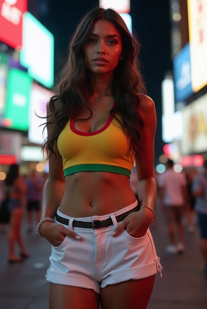 semi-naked girl cheering in a Coachella concert, colorful clothes, freckles and dyed hair, in the middle of a crowd, fancy outfit, black girl with braids, a purse, balloons in the back, she is showing her breasts, sunglasses