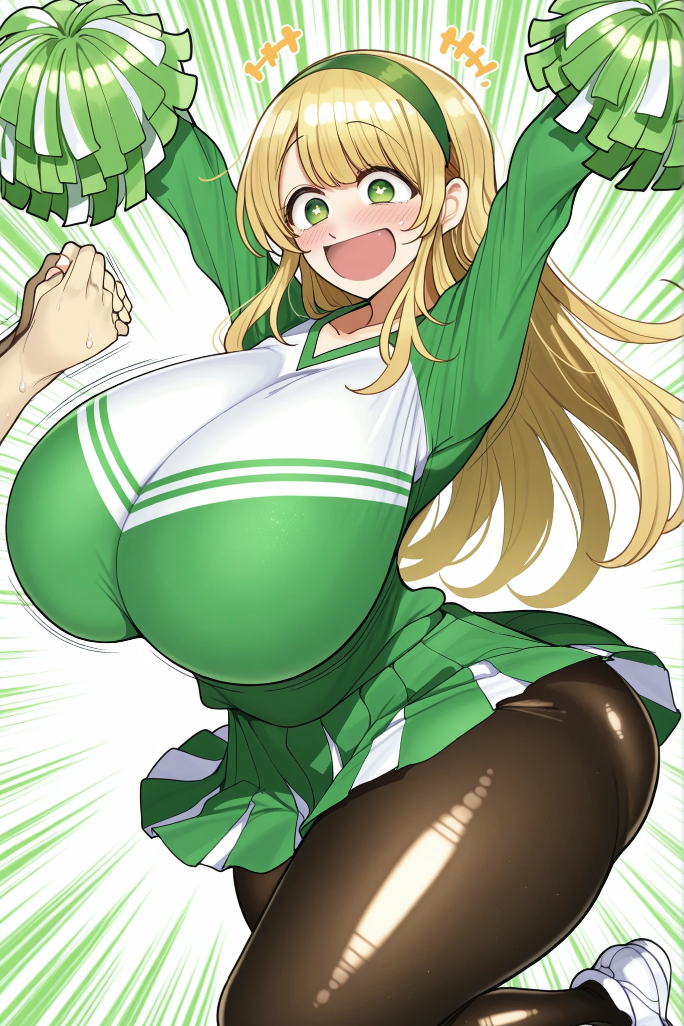 Long golden hair, big green eyes, huge breasts, big thighs, big ass, cheerleader, big smile, small blush on face, happy face, green miniskirt, white shots top, cheering with arms outstretched, holding green poms in both hands, short black stockings in under skirt, Best quality,high resolution, masterpiece, 1 girl, Background is a school, smiling face, jumping, green hairband,