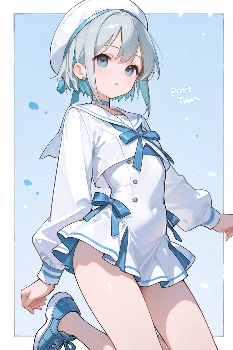 One girl、Standing in front of the house、Light blue hair、blue eyes、Standard bust size、Feeling embarrassed、A little big chest、Wearing a short-sleeved sailor jacket、Wearing green panties、Not wearing a skirt、Daytime view
