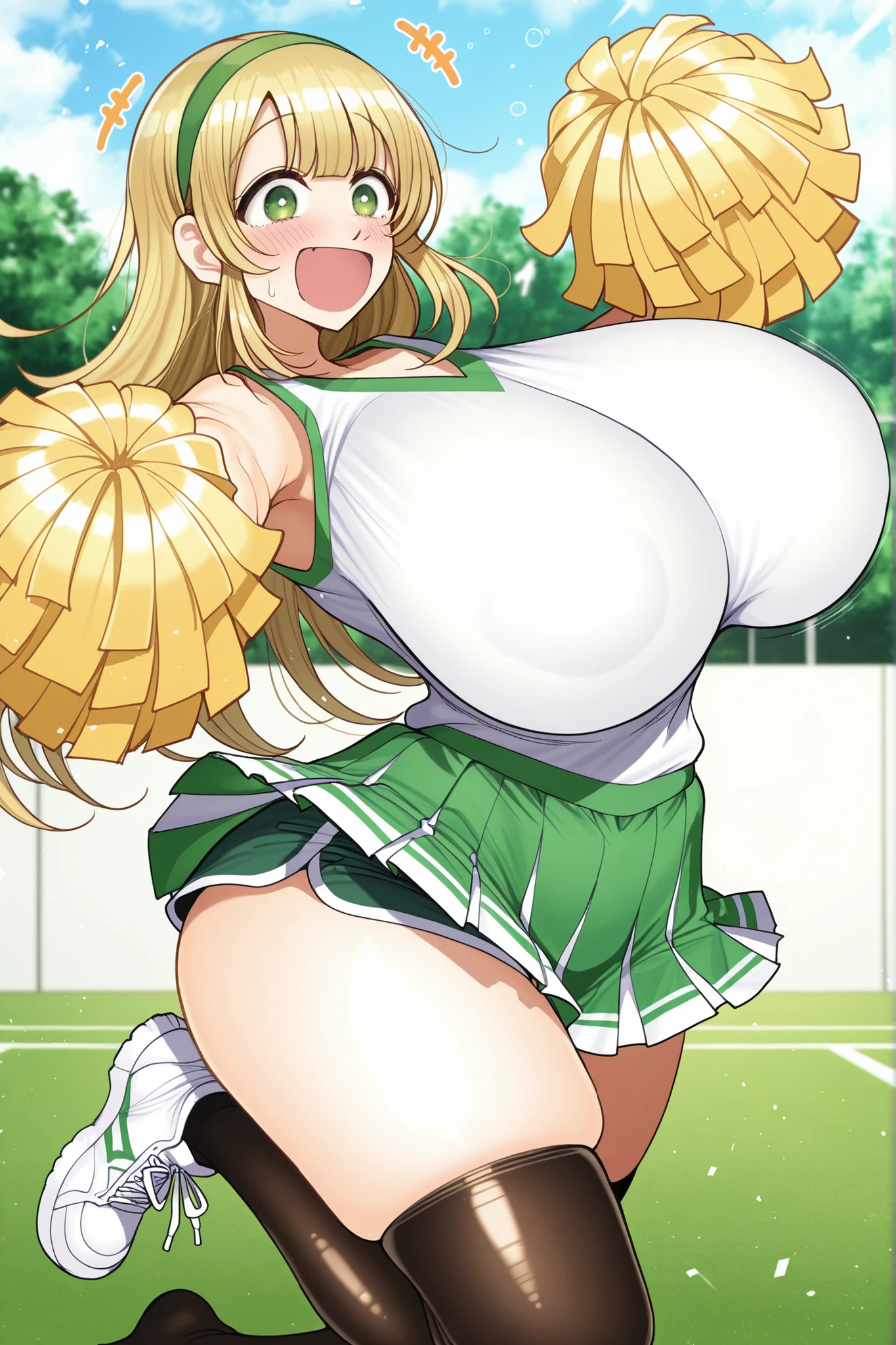 Long golden hair, big green eyes, huge breasts, big thighs, big ass, cheerleader, big smile, small blush on face, happy face, green miniskirt, white shots Tank top, cheering with arms outstretched, holding green poms in both hands, short black stockings, Best quality,high resolution, masterpiece, 1 girl, Background is a school, smiling face, jumping, green hairband, 1 girl, black dolphin shorts