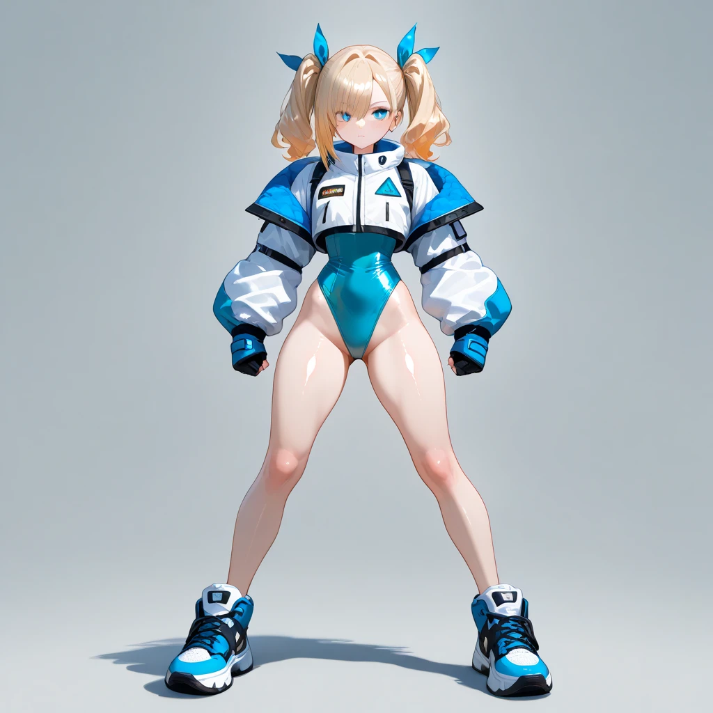 1girl, tall body, light blonde hair, aquamarine eyes, boots, breasts, bracelets, hair ornament, (shoulder-length hair, ponytail, bangs), full body with costume, (leotard, perfect leotard, gymnast outfit leotard, white leotard with blue accents, bare legs), hi-tech shoulder pads, (white boots), medium breasts, perfect hands, complete fingers, perfect anatomy, perfect proportions, solo, solo focus, superhero, ((blue lightning logo on chest)), beautiful detailed eyes, beautiful detailed face, age 18. Simple background, Multiple Views, Character Sheet Full-Length.