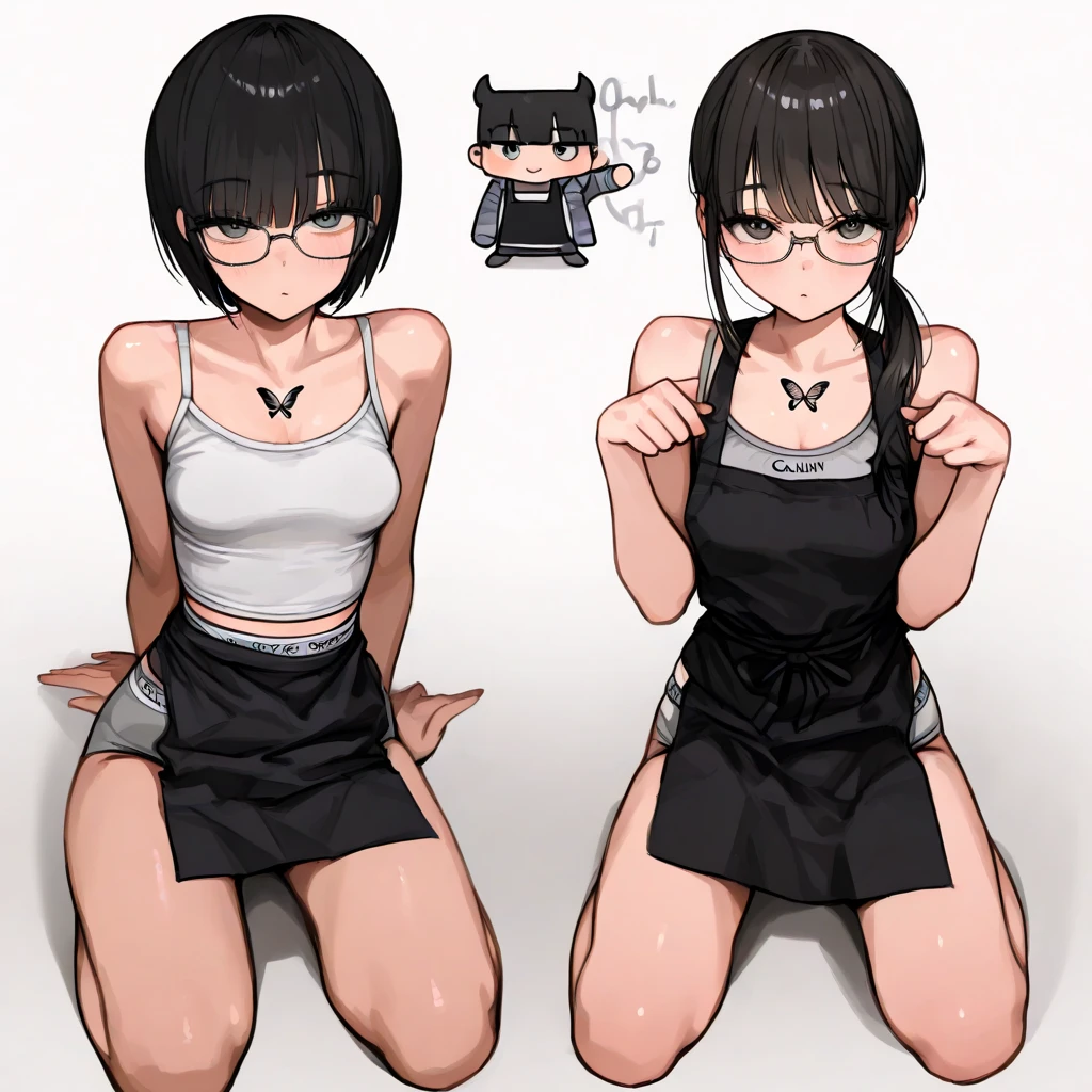 (1 femboy solo:1.5),(dark skin:1.5),(masterpiece:1.2), highest quality, High resolution, unity 8k wallpaper, (fine and beautiful eyes:1.6), highly detailed face, perfect lighting, Detailed CG, (perfect hands, perfect anatomy),20 years old, (black hair:1.3), detailed eyes, best quality, extremely detailed, very precise detailed, (glasses:1.4), , (straight hair:1.5), (evil smile:1.3) , (blush:1.3),(very short pixie cut:1.4),(blunt bangs:1.4), (greaming skin:1.3),(flat chest:1.5),(tank top:1.5),(open mouth),(bike shorts),(leaning_forward:1.4),(from side:1.2),looking_at_viewer,,(kneeling:1.4),(hip focus),(from behind:1.2)