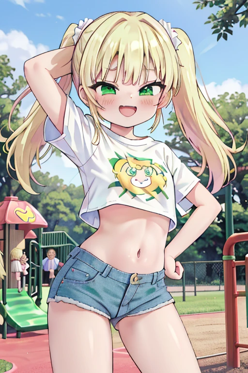 blush, sunlight, sunny, flowers, on a park, mesugake expression, ((mesugake expression at lens)) long hair, bows on pigtails, white bows, (Female teen, golden blond hair in pigtails, green, eyes, fair skin), (white oversized t-shirt), (short denim shorts), mesugake face, barefoot, ((At a childrens playground)), bratty, spoiled, oversized t-shirt, sassy pose