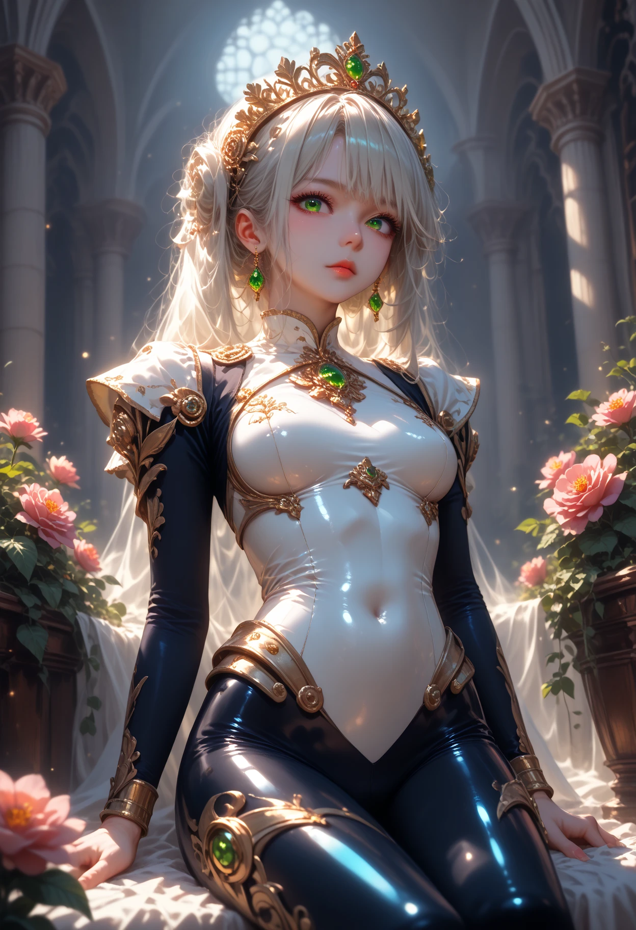 super flirty european medieval lady, high definition,8k, photo realistic,short silver hair, piercing on ears, tattoo on the chest, no dress,wearing high heels, high definition full body, gold neckless, green sparkling bright eyes, blue sky with white clouds, cinematic, detailed symmetrical body, holding a flower --auto --s2