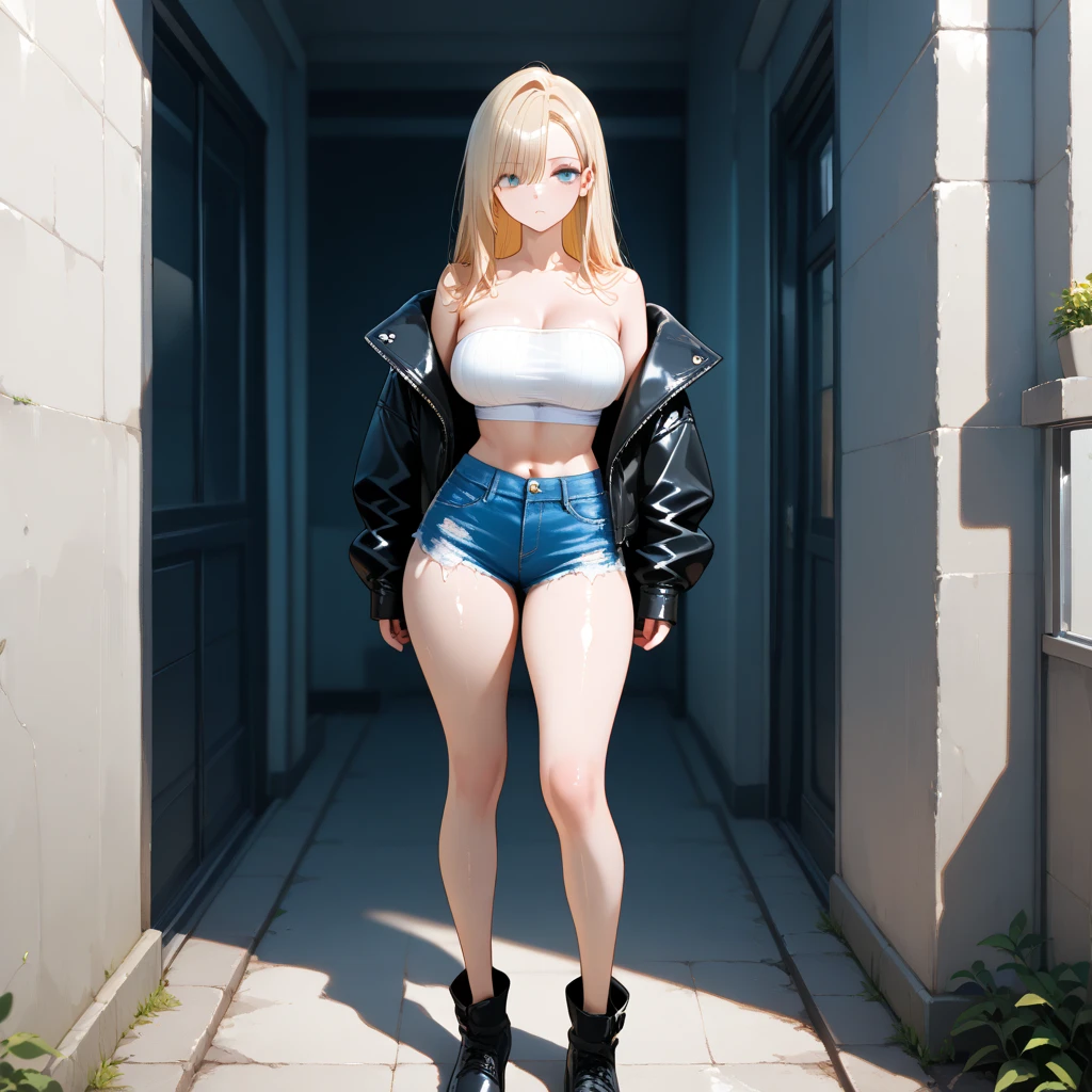 ((1girl)), one beautiful girl, detailed beautiful hair, detailed beautiful eyes, long blonde hair, small breasts, glasses, loose unzipped leather jacket, red bra, jean shorts, standing on sidewalk, evening, nighttime, night, city lights, big city, cyberpunk city, rain, soaking wet, standing, cowboy shot, cinematic lighting, dramatic lighting,