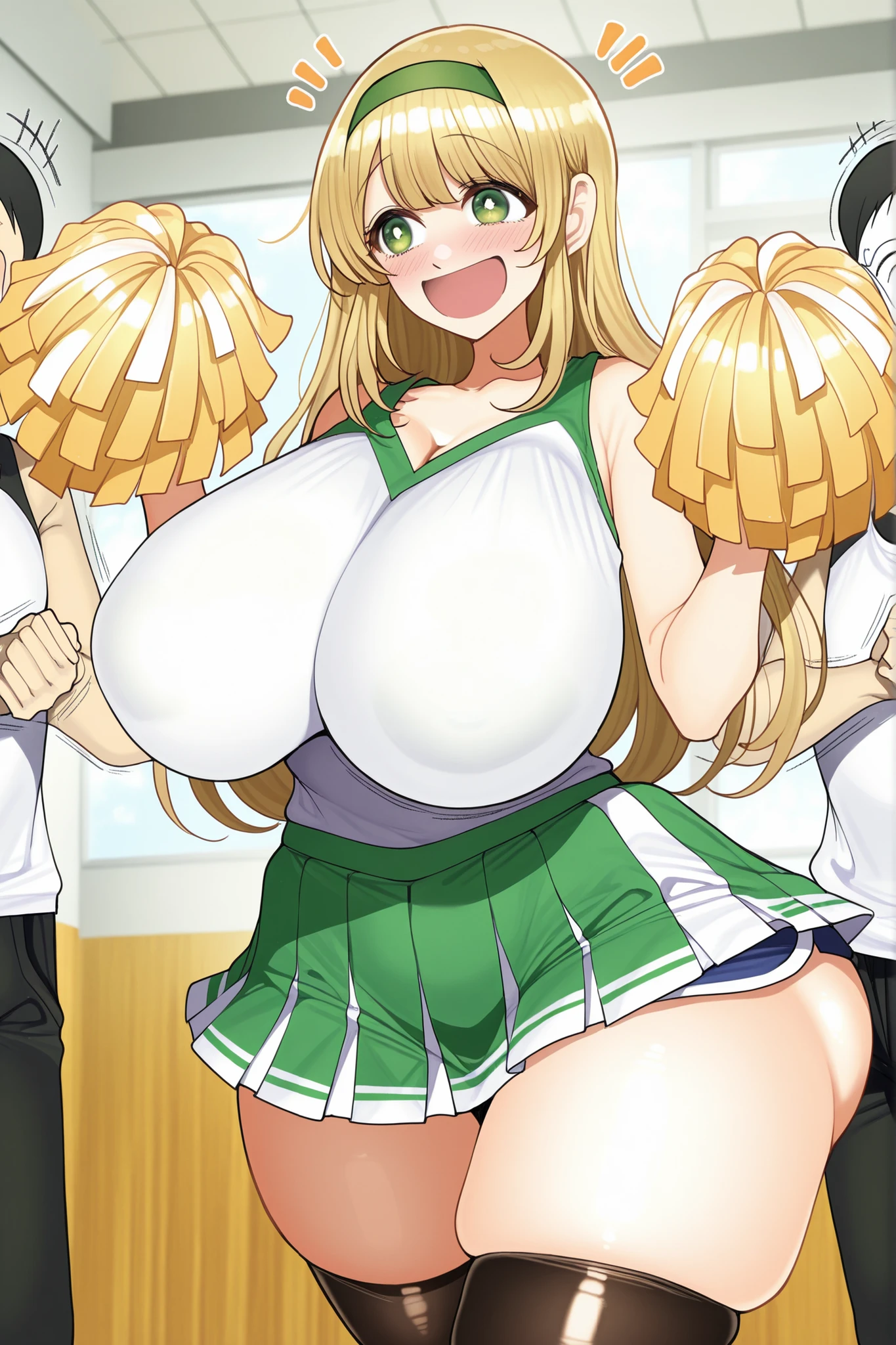 Long golden hair, big green eyes, huge breasts, big thighs, big ass, cheerleader, big smile, small blush on face, happy face, green miniskirt, white shots Tank top, cheering with arms outstretched, holding green poms in both hands, short black stockings, Best quality,high resolution, masterpiece, 1 girl, Background is a school, smiling face, green hairband, 1 girl, black dolphin shorts in miniskirt