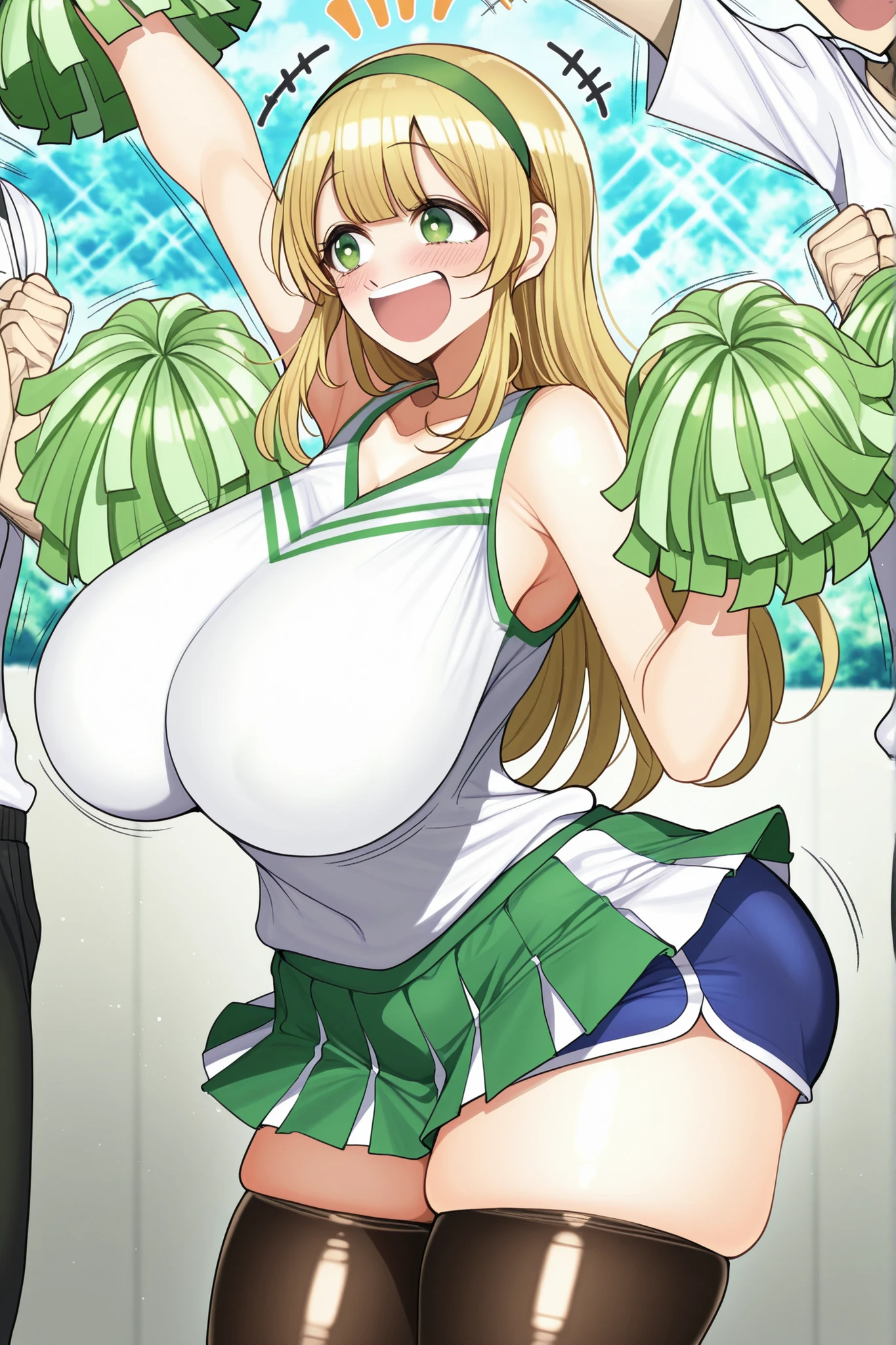 Long golden hair, big green eyes, huge breasts, big thighs, big ass, cheerleader, big smile, small blush on face, happy face, green miniskirt, white shots Tank top, cheering with arms outstretched, holding green poms in both hands, short black stockings, Best quality,high resolution, masterpiece, 1 girl, Background is a school, smiling face, green hairband, 1 girl, black dolphin shorts in miniskirt