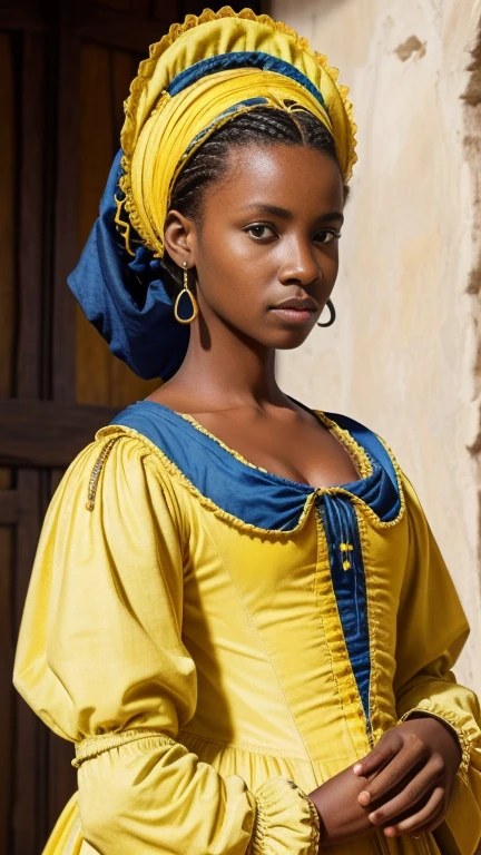 Haiti, 1563. A black teen girl, beautiful, baby blue eyes, ((((yellow clothings from the 1560s)))), ((hairstyle of the 1560s)), pastel colors, colorful, realistic
