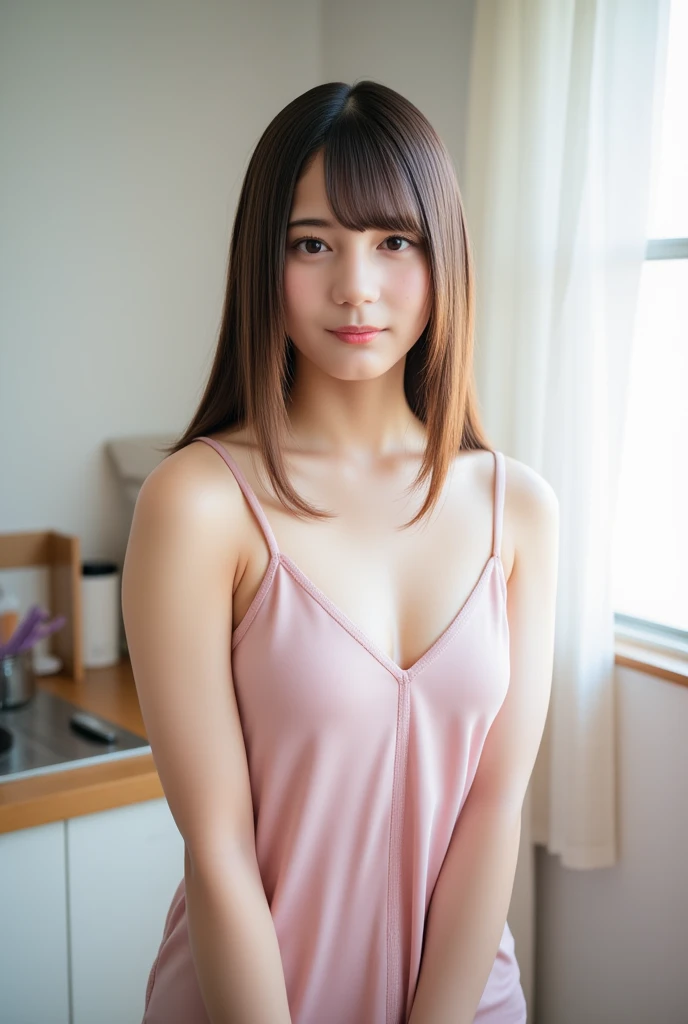 (Best-quality, Masterpiece, Ultra-High-Resolution, (Photorealistic:1.4), Raw Photo, depth of field, professional lighting, perfect anatomy, extremely details), 1girl, 15-years-old, the most famous Japanese idol, ((sitting on chair in kitchen)), ((((showing crotch, panty shot)))), (wearing sleeveless casual-dress with cute-design), (looking at viewer), (innocent smile), (extremely cute face like the most popular Japanese idol, ((extremely cute and extremely big round-eyes)), extremely cute hair), ((((extremely beautiful and extremely realistic skins)))), extremely cute long-eyelashes, extremely cute lips, extremely childish body