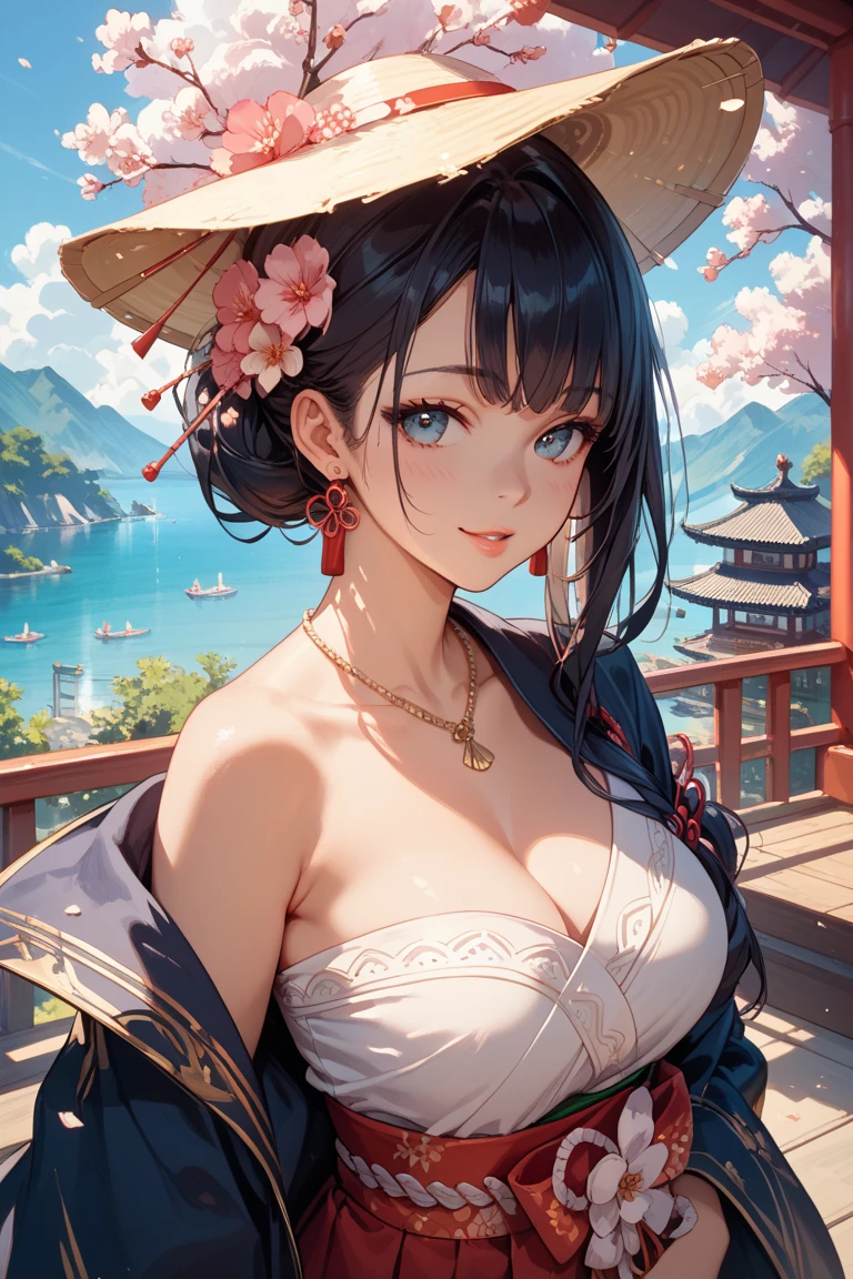 Adult woman, long black hair, blue eyes, open kimono, detailed kimono, pelvic curtain, body jewelry, open breasts, big breasts, smile, masterpiece, high quality