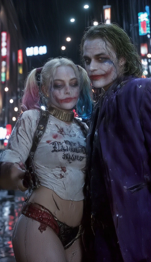 (Extreme complexity, two unique subjects) Margot Robbie as Harley Quinn (insane pretty face, tiny themed outfit Harley Quinn makeup on body, blood spatter) is wielding a bloody ball bat. Harley is standing over a confused Saitama who is lying on the ground on his back (iconic yellow suit, blood spatter, red cape, bald head). Downtown Tokyo