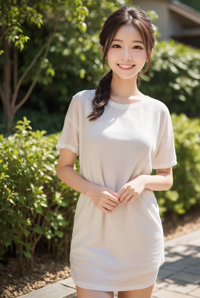 (real, High resolution:1.3), short hair, White T-shirt:1.2, jeans, Male body with female face、A dainty man dressed as a woman、Natural photography、Transsexual、ultra High quality