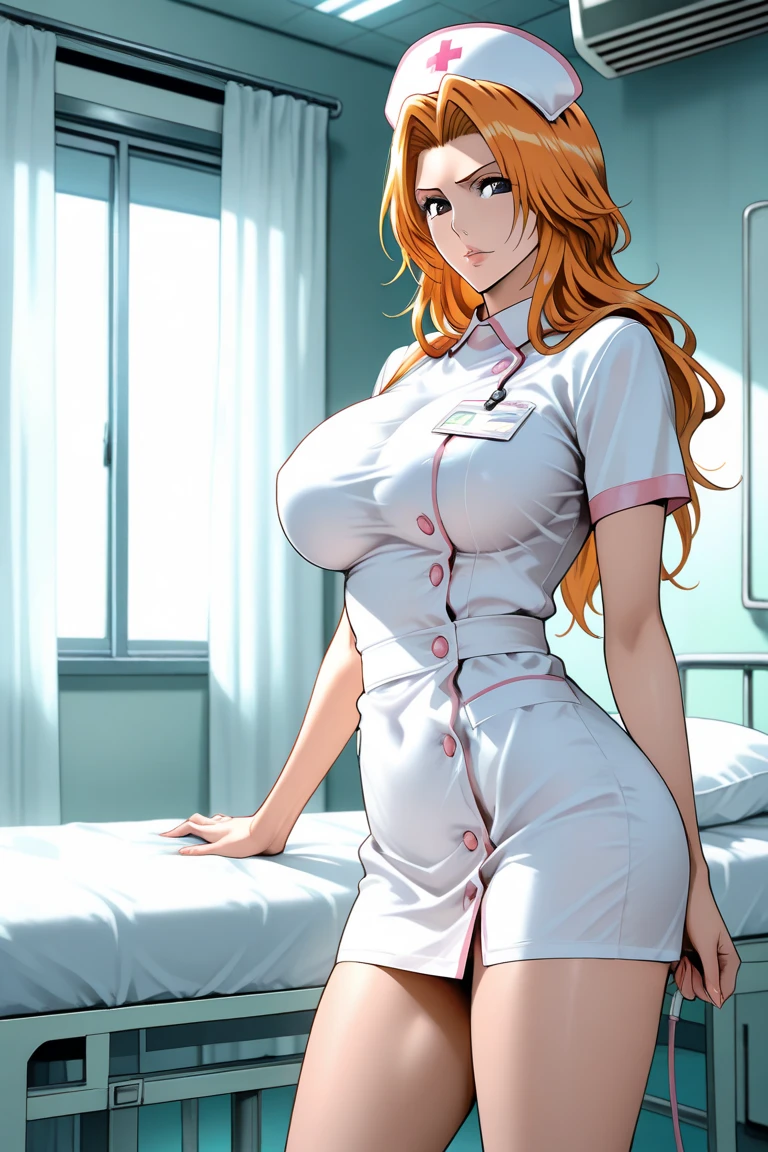 Created an image of the character Nami from One Piece in a sexy latex nurse outfit with huge boobs. 