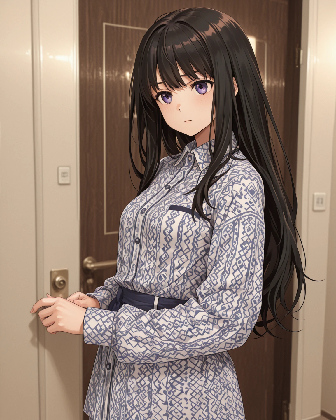 Long silver hair, Green Eyes, , sweater, White clothes, smile, Beautiful thighs, Inside the house, Turn your neck, Looking Back,Big breasts, black hair, long hair