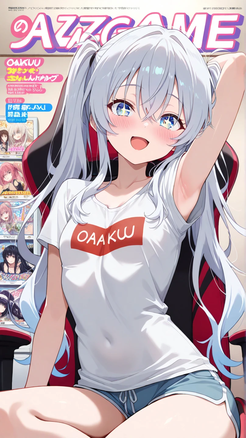 (masterpiece), (best quality), detailed, a otaku girl, soro, twintails, wavy hair twintails.hairs between eyes,dark blue eyes ,smile, masterpiece, best quality, newest,(perky chest:1.2), (pointed chest:1.2),(from below:1.4,Best Quality),a girl , darkplatinum color hair、otaku uniform:1.2,Purplish blue eyes that dreamers desire, ((Otaku girl)),gloomy, messy hair, hair over eyes, blushing face,armpits hair, (harf sleeve t-shirt),shorts, sitting on gaming chair, otaku room,playing PC-game:1.3,small breasts, skinny,open mouth, (otaku game magazine cover:1.3),(with sparkling eyes and a contagious smile),her thin pubic hair:1.2, looking at viewer
