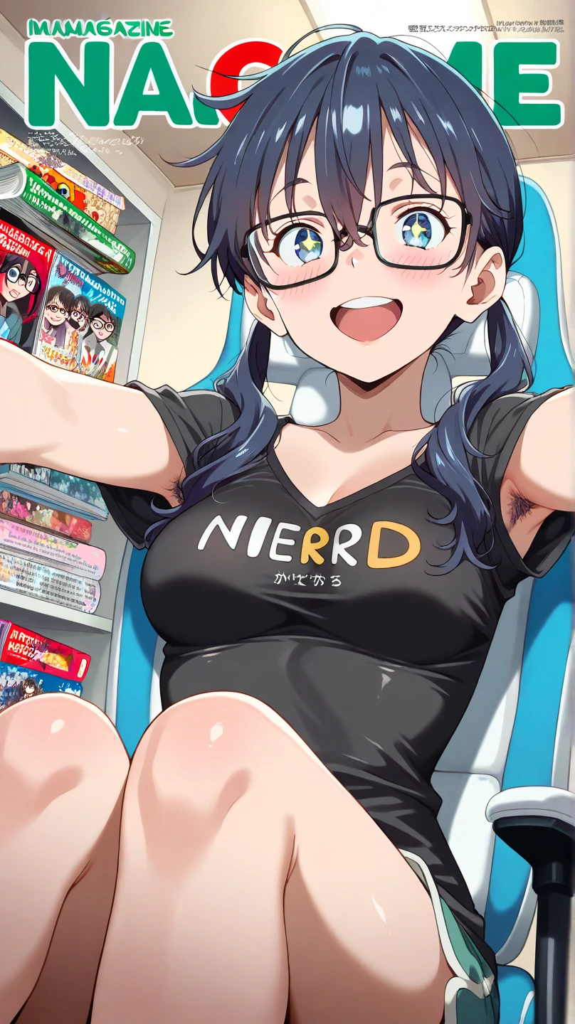 nsfw, nipples, best quality, ultra-detailed, high resolution, 4k, (1990s \(style\),retro artstyle,1990s anime cels style), magazine cover, text, megami magazine, 1girl, (large breasts:1.2), partially visible vulva, (dark skin:1.6), dark blue hair, long hair, blunt bangs, red eyes, nude, gold jewelry, necklace, armlet, nose blush, embarrassed, smile, (from below:1.6), outdoors, sky