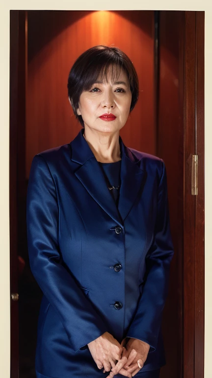 Masterpiece, Depth of written boundary, ((Great focus)), gravure, 32K, Beautiful finish, Japanese, A natural pose, Beautiful mature woman, 90-year-old woman, Member of Parliament, Wearing a parliamentary badge, Photo of your ID, Long face, Big Breasts, Accentuate your breasts, Red lips, Thin lips, business suit, cool, Light from the front,