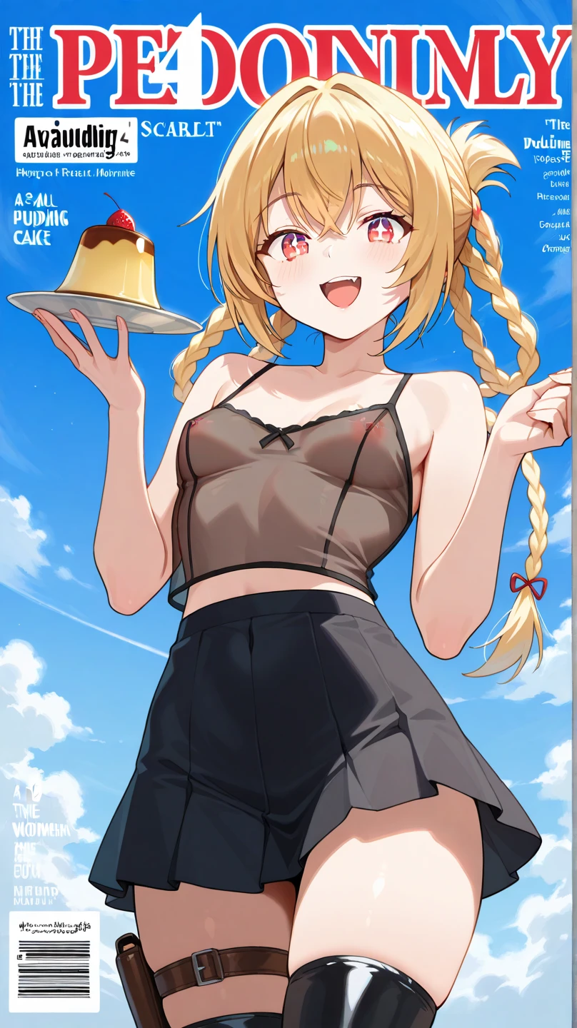 (small breasts:1.2), (perky chest:1.2), (pointed chest:1.2), (Pudding cake magazine cover:1.3),(from above:1.0),(shoot from the side:1.1),masterpiece, 1girl, Amazing Cleavage:1.1, thin waist, optimum,tmasterpiece,hight resolution,best qualtiy,hyper HD,super detailing,awardwinning,a 18yo cute girl,(The upper part of the body),anatomy correct,Beautiful Black miniskirt,garters,Gaze,Small face,bangss,holster,Beautuful Women,hands up,leg holster,Gaze,black boots,Cowboy Shot,cute face,a blond,Longhaire,Twin-tailed,Braids, Hairline,（scarlet eyes）,long eyelasher,Hanging eye corners,White skin of the, ((see through camisole:1.1)), ((Sheer nipples:1.0)),Rocket Tits,(Slim body),smile,seductive weak smiling,(with sparkling eyes and a contagious smile),little open mouth, Looking at Viewer, 