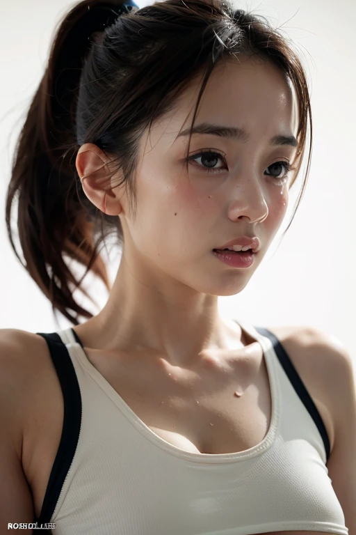 It depicts a stunning Japan woman exercising while sweating. She wears a black tank top and her skin shines with effort. The image should be rendered with very realistic detail, focusing on her skin texture, big, top material sheer, sweat beads. The lighting should be dynamic and contrasting, highlighting her muscular physique and sweat brilliance. The color is natural and muted, the black at the top contrasts with the skin. The composition should be balanced with a female in the center of the frame. Her face should be painted in intricate detail to show her beauty and determination.