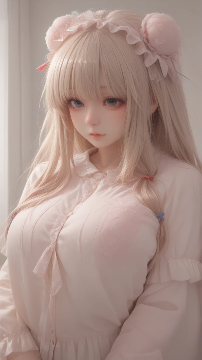 Blonde woman with big breasts posing in bathroom, long blonde hair and large eyes, long blonde hair and large eyes, with long blonde hair, long white hair and bangs, real life anime girl, with white long hair, Belle Delphine, light milky white porcelain skin, ulzzangs, with long white hair, ultrarealistic sweet bunny girl